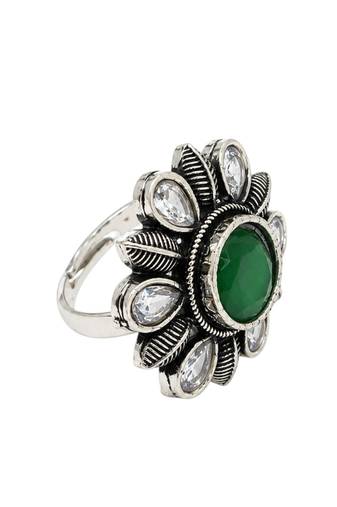 German silver oxidized cz green floral adjustable finger ring