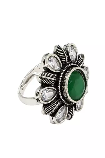German silver oxidized cz green floral adjustable finger ring