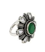 German silver oxidized cz green floral adjustable finger ring