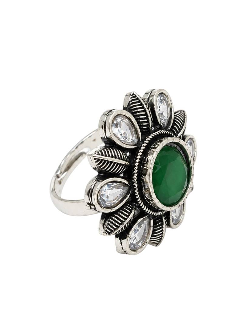 German silver oxidized cz green floral adjustable finger ring