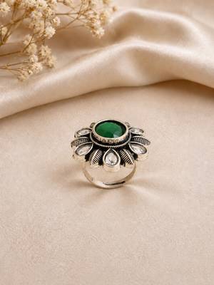 German silver oxidized cz green floral adjustable finger ring 2