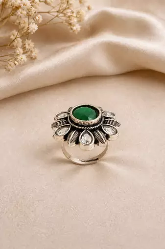German silver oxidized cz green floral adjustable finger ring