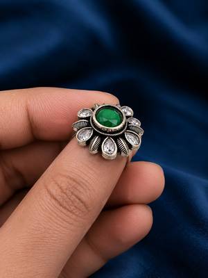German silver oxidized cz green floral adjustable finger ring 3