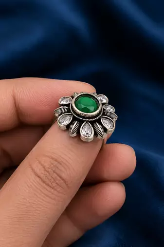 German silver oxidized cz green floral adjustable finger ring