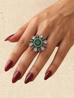 German silver oxidized cz green floral adjustable finger ring 4