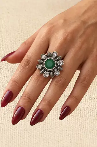 German silver oxidized cz green floral adjustable finger ring