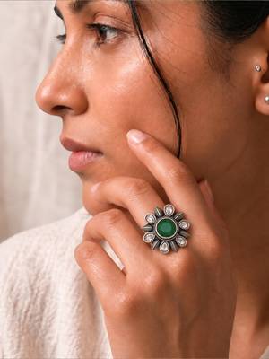 German silver oxidized cz green floral adjustable finger ring 5