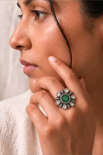 German silver oxidized cz green floral adjustable finger ring