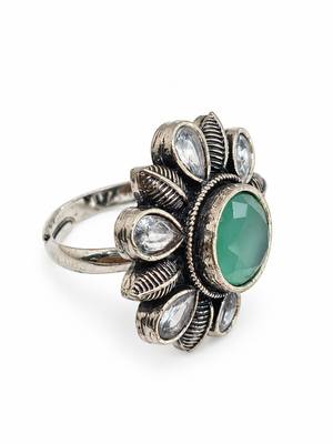 German silver oxidized cz mint floral adjustable finger ring 1