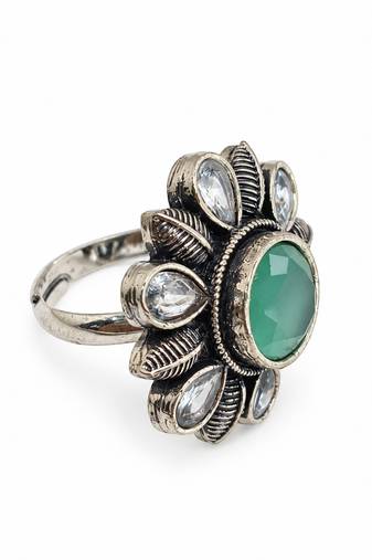 German silver oxidized cz mint floral adjustable finger ring