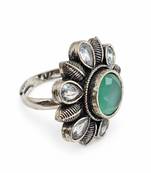German silver oxidized cz mint floral adjustable finger ring