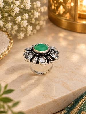 German silver oxidized cz mint floral adjustable finger ring 2