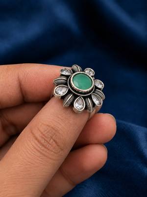 German silver oxidized cz mint floral adjustable finger ring 3