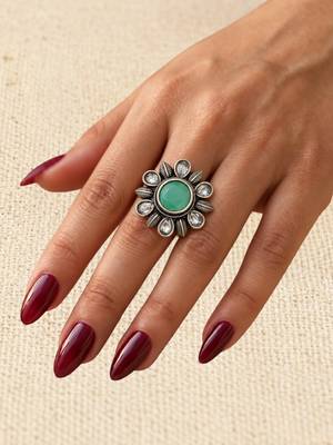 German silver oxidized cz mint floral adjustable finger ring 4