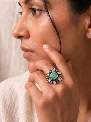 German silver oxidized cz mint floral adjustable finger ring 5