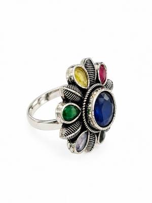 German silver oxidized cz multi floral adjustable finger ring 1