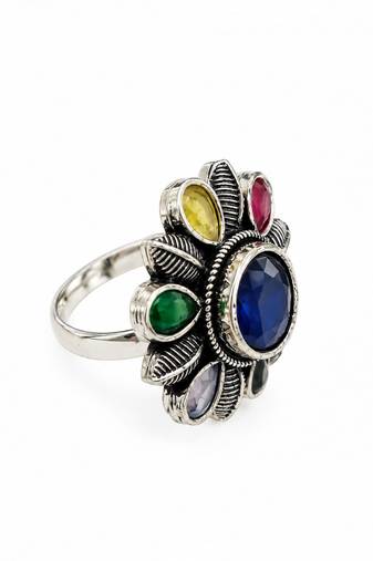 German silver oxidized cz multi floral adjustable finger ring