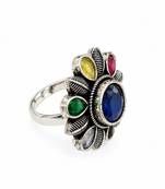 German silver oxidized cz multi floral adjustable finger ring