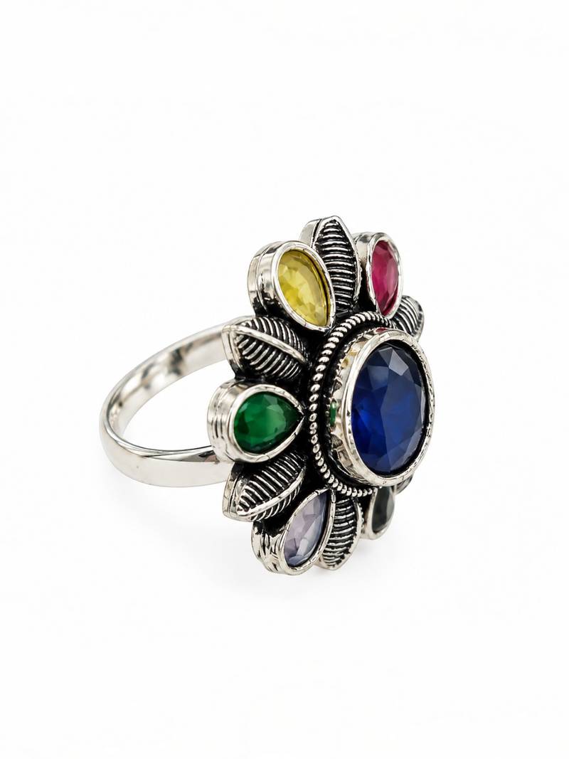 German silver oxidized cz multi floral adjustable finger ring