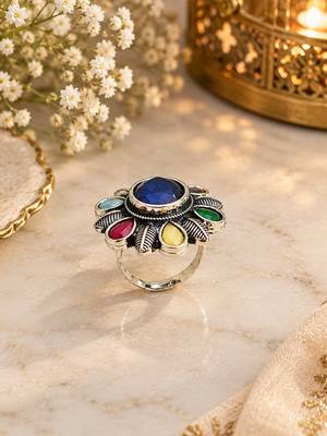 German silver oxidized cz multi floral adjustable finger ring 2