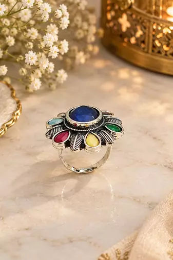 German silver oxidized cz multi floral adjustable finger ring