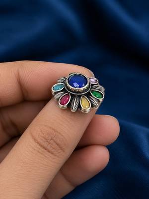 German silver oxidized cz multi floral adjustable finger ring 3