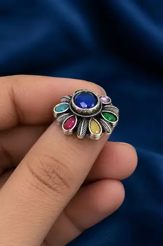 German silver oxidized cz multi floral adjustable finger ring