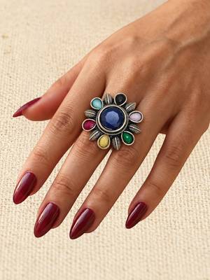 German silver oxidized cz multi floral adjustable finger ring 4
