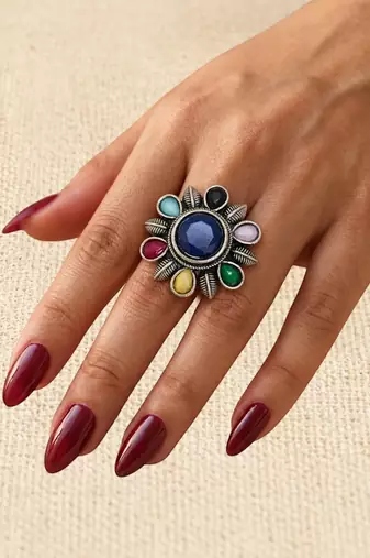 German silver oxidized cz multi floral adjustable finger ring