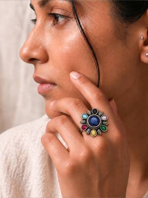 German silver oxidized cz multi floral adjustable finger ring 5