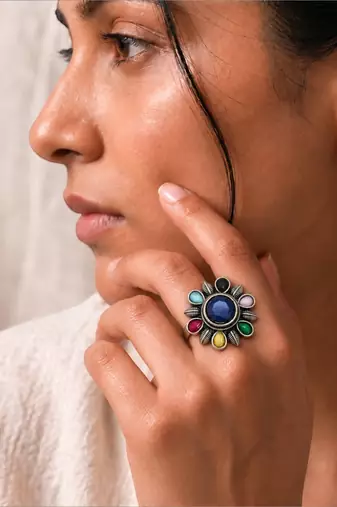 German silver oxidized cz multi floral adjustable finger ring