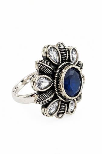 German silver oxidized cz navy blue floral adjustable finger ring