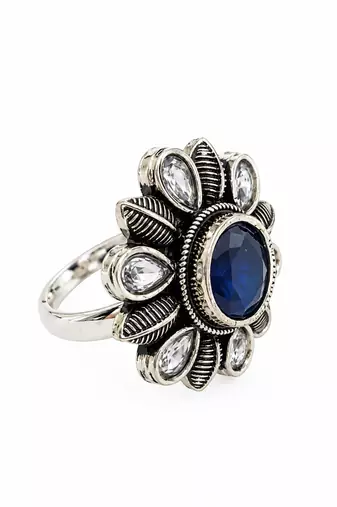 German silver oxidized cz navy blue floral adjustable finger ring