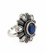 German silver oxidized cz navy blue floral adjustable finger ring