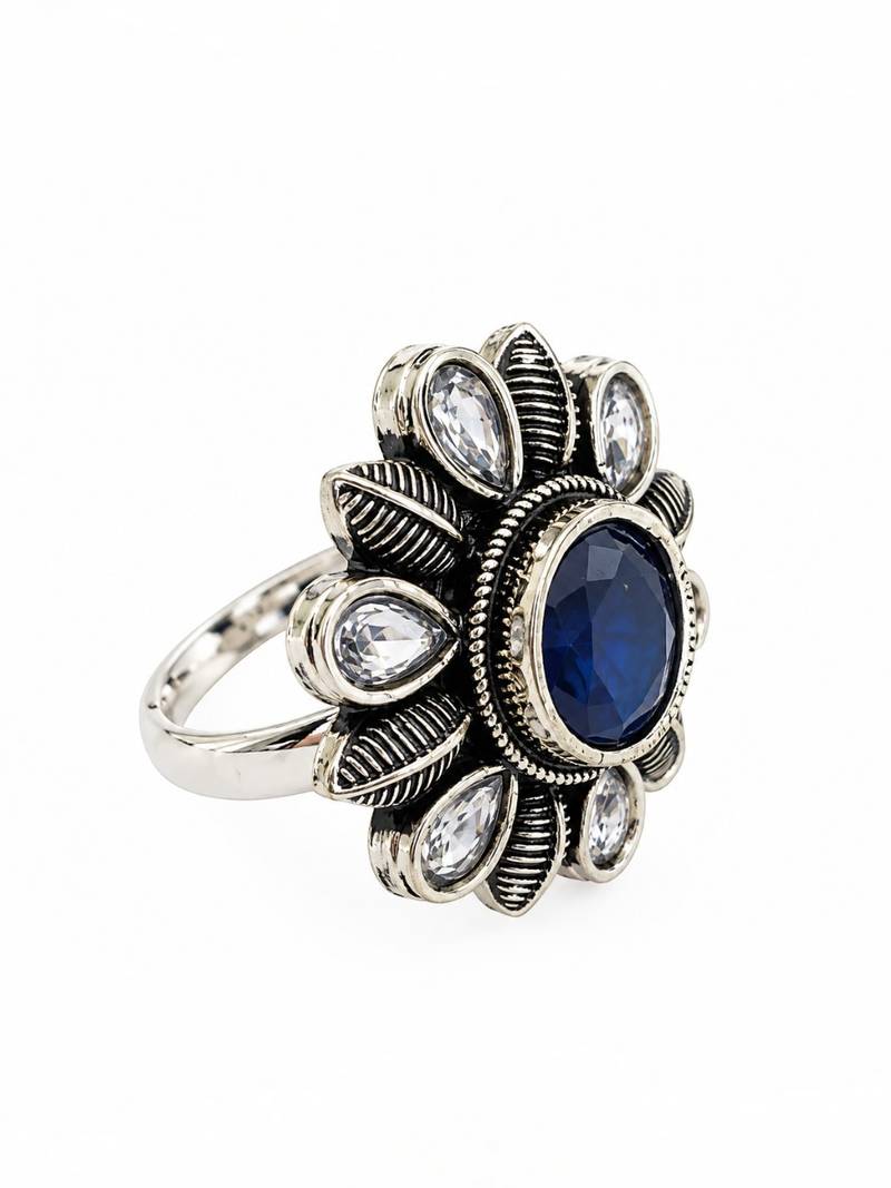 German silver oxidized cz navy blue floral adjustable finger ring