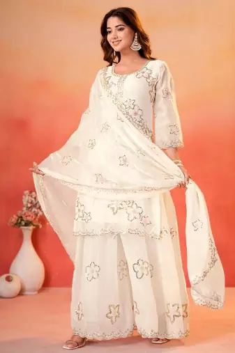 White fendy silk party  embroidery wear sharara  suit set