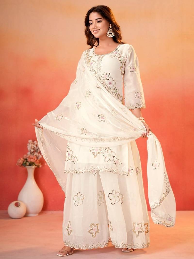 White fendy silk party  embroidery wear sharara  suit set