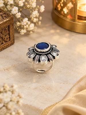 German silver oxidized cz navy blue floral adjustable finger ring 2