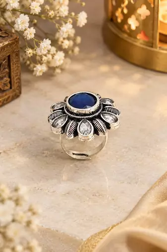German silver oxidized cz navy blue floral adjustable finger ring