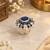 German silver oxidized cz navy blue floral adjustable finger ring