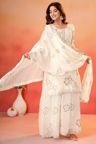 White fendy silk party  embroidery wear sharara  suit set