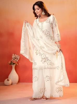 White fendy silk party  embroidery wear sharara  suit set 3