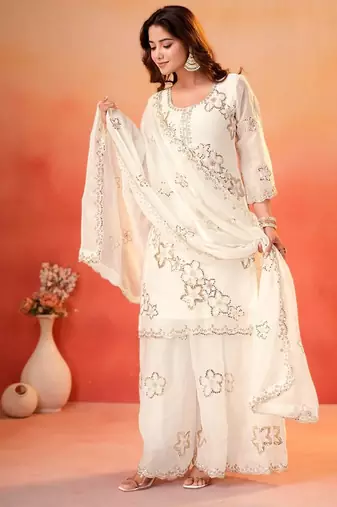 White fendy silk party  embroidery wear sharara  suit set