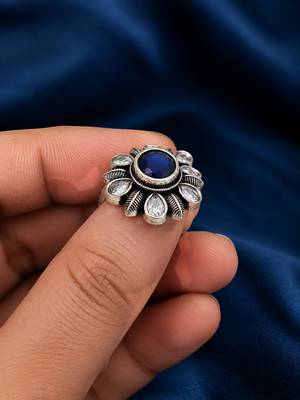 German silver oxidized cz navy blue floral adjustable finger ring 3