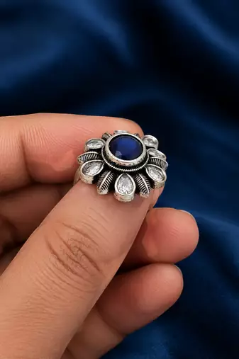 German silver oxidized cz navy blue floral adjustable finger ring