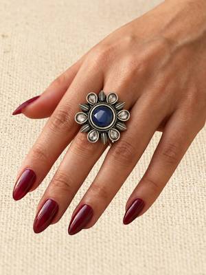 German silver oxidized cz navy blue floral adjustable finger ring 4