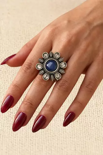 German silver oxidized cz navy blue floral adjustable finger ring