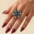 German silver oxidized cz navy blue floral adjustable finger ring