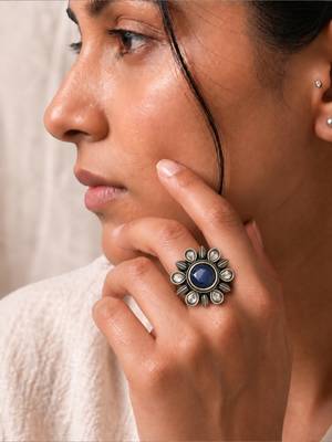 German silver oxidized cz navy blue floral adjustable finger ring 5