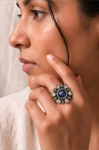 German silver oxidized cz navy blue floral adjustable finger ring